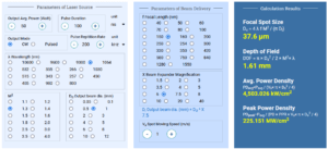 Laser Spot Size and Power Density Calculator